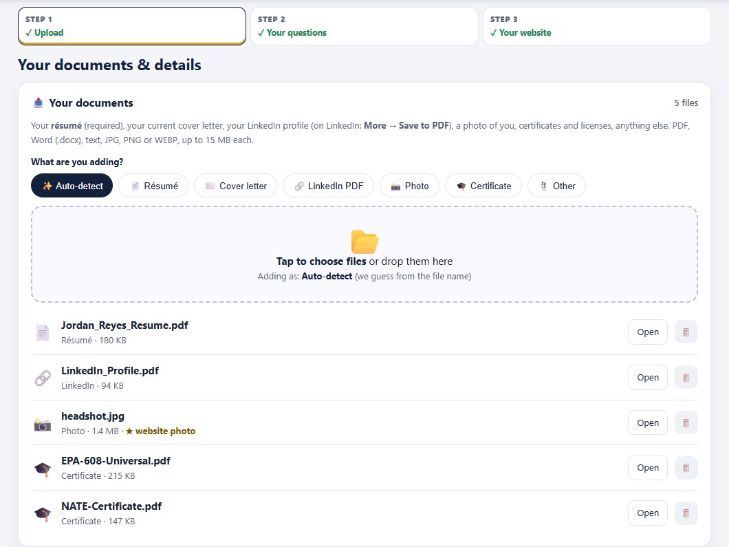 The Documents tab in the live demo: résumé, LinkedIn PDF, website photo and certificates, each labelled by type (fictional demo data).
