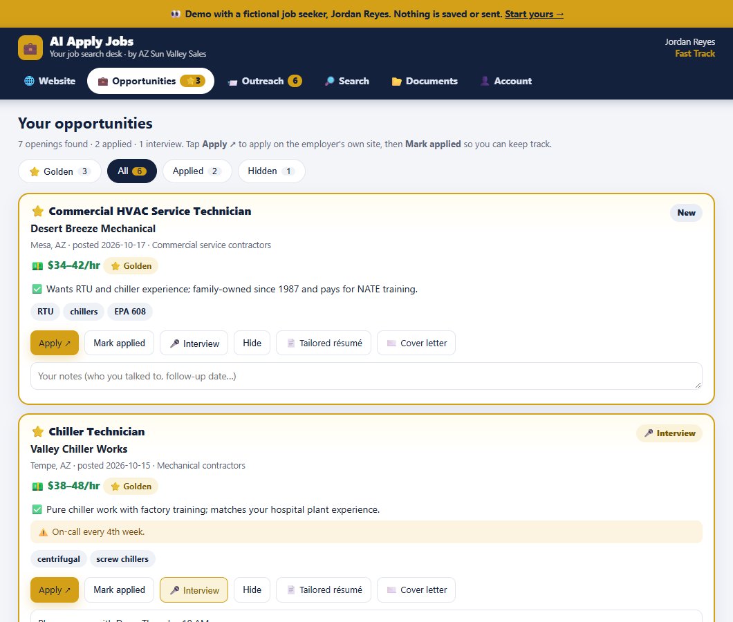 The Opportunities tab in the live demo: each opening with pay, posting date, why it fits, an Apply link, Mark applied, Interview and a place for your notes (fictional demo data).