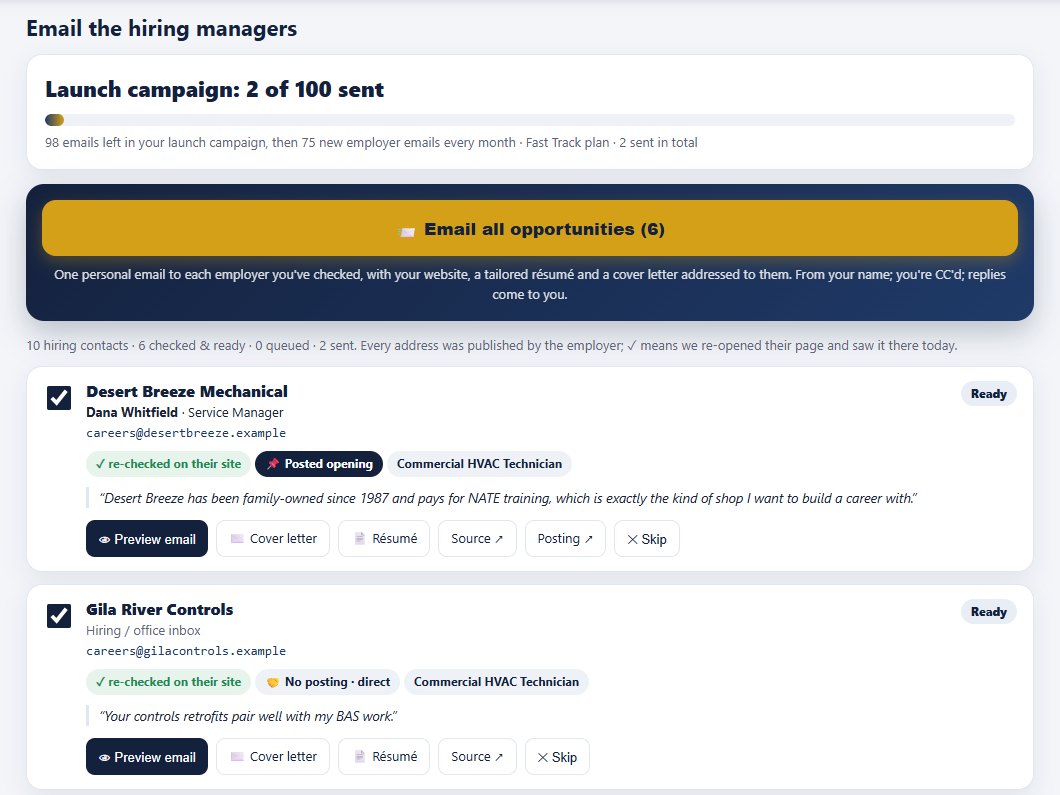 The Outreach tab in the live demo: each employer's published address, a re-checked badge, preview buttons, and one Email all button you press yourself (fictional demo data).