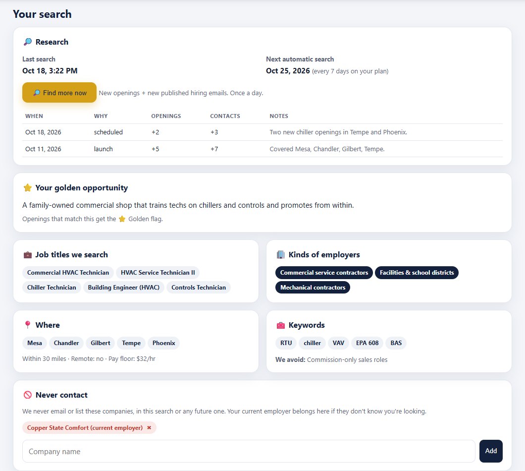 The Search tab in the live demo: research history, the golden opportunity, job titles, kinds of employers, where, keywords and the never-contact list (fictional demo data).