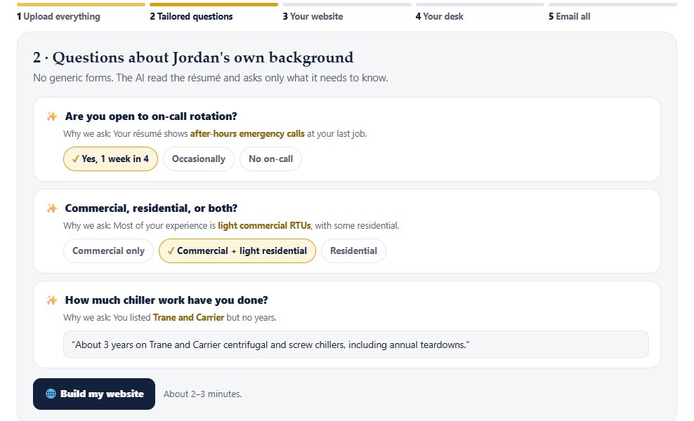 Step 2 of the landing page example: the AI read Jordan's résumé and asks only what it needs to know (Jordan Reyes is a fictional example).