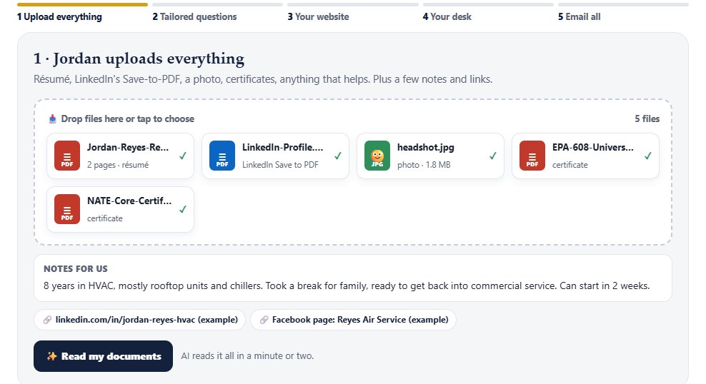 Step 1 of the landing page example: Jordan uploads a résumé, a LinkedIn PDF, a headshot and two certificates, plus a few notes (Jordan Reyes is a fictional example).