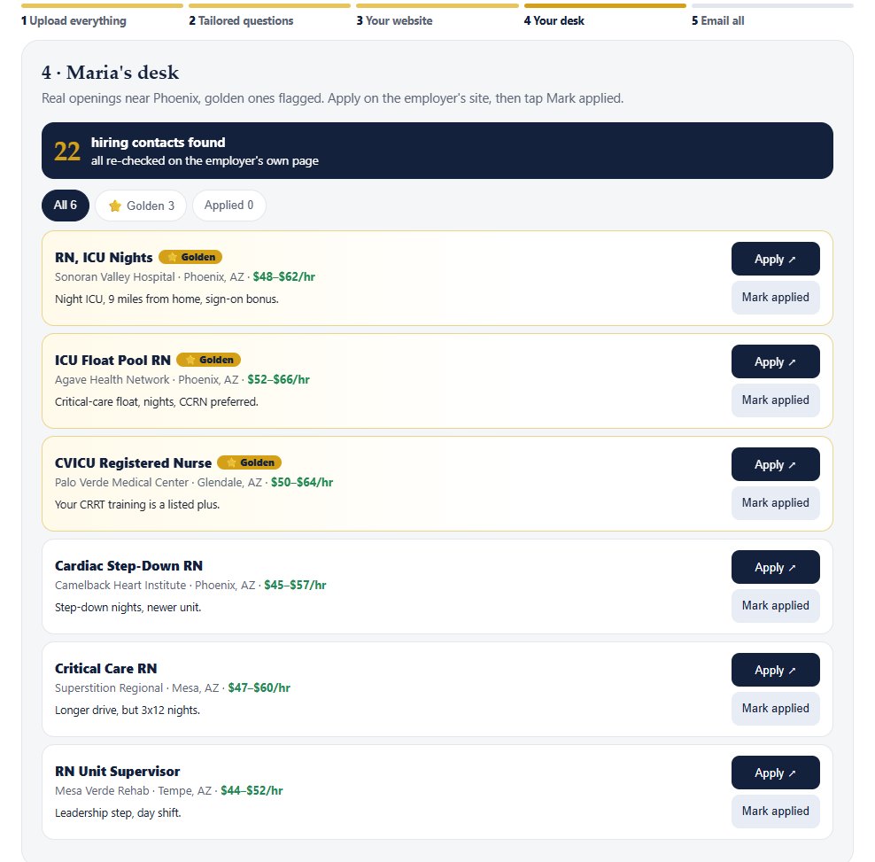 Step 4 of the landing page example: Maria's desk with six openings, three flagged golden, pay shown, and Apply and Mark applied buttons (Maria Santos and these hospitals are fictional).