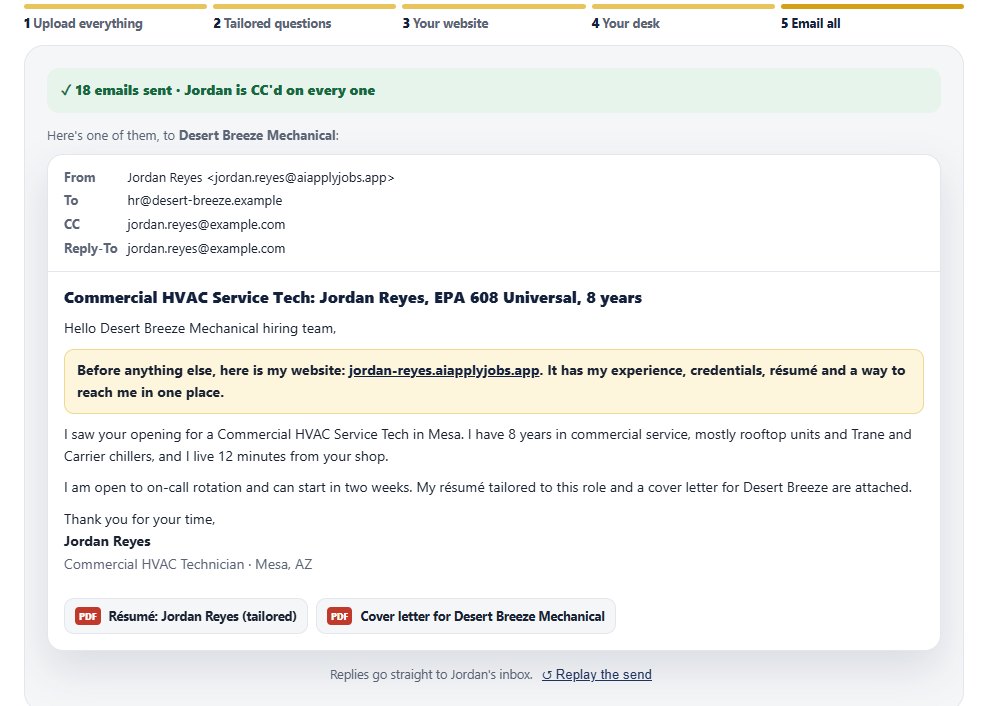 One of the sent emails in the landing page example: website link first, then a short personal note, with a tailored résumé and a cover letter for that company attached (fictional people and companies).